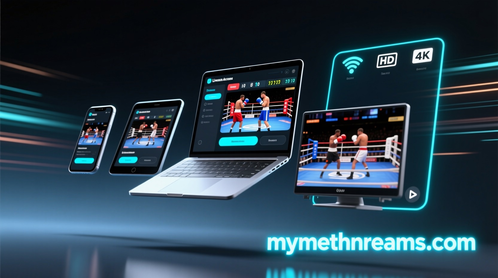 Fans watching boxing streams on TV, laptop, and phone